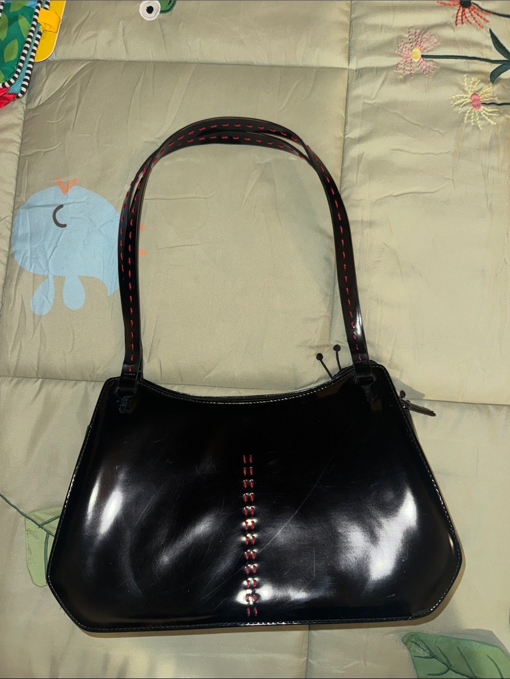 Black Patent Shoulder Bag with Red Stitch Detail